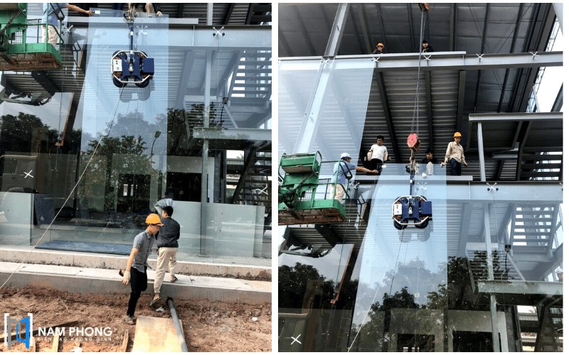 Ảnh thi công lắp kính cường lực mặt tiền
