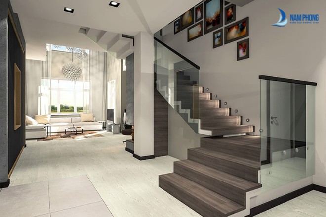 Vách kính cầu thang đẹp cho phòng khách
