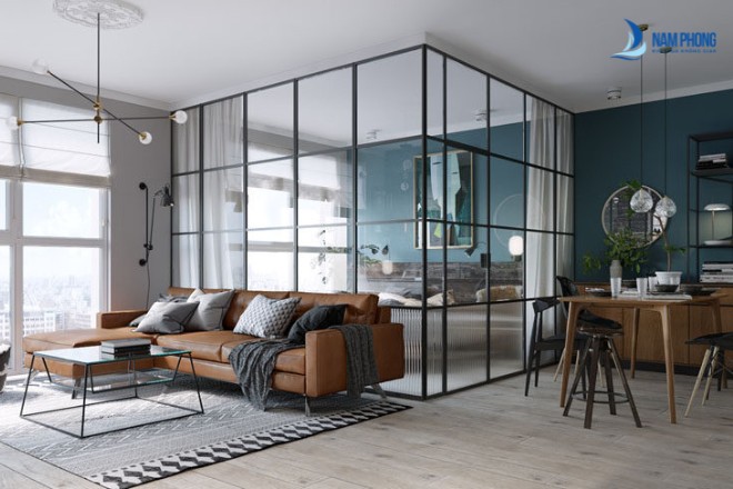 Vách kính phòng khách kiểu dáng hiện đại đẹp
