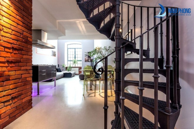Mẫu cầu thang sắt tay vịn chất liệu gỗ sang trọng