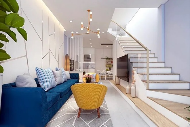 Mẫu phòng khách có lối thiết kế đơn giản với tone màu trắng chủ đạo